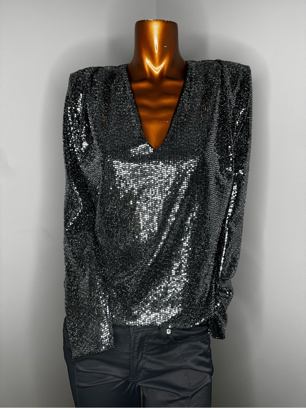 Zhivago Black Sequin V-Neck Long-Sleeve Top